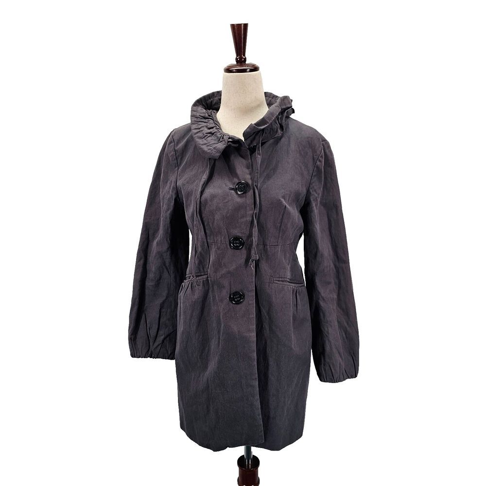 Ann Taylor LOFT Womens Gray Trench Coat Button‎ Jacket High Ruffled Neck Size SP